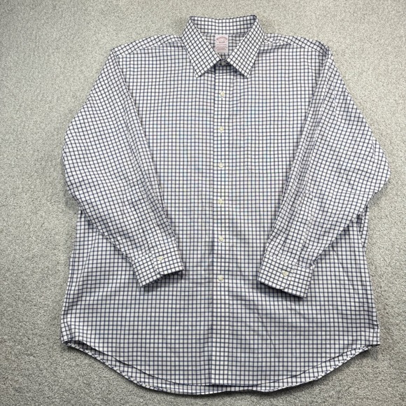 Brooks Brothers Dress Shirt Mens 17.5 33 Blue White Check Non-Iron Traditional - Picture 2 of 6